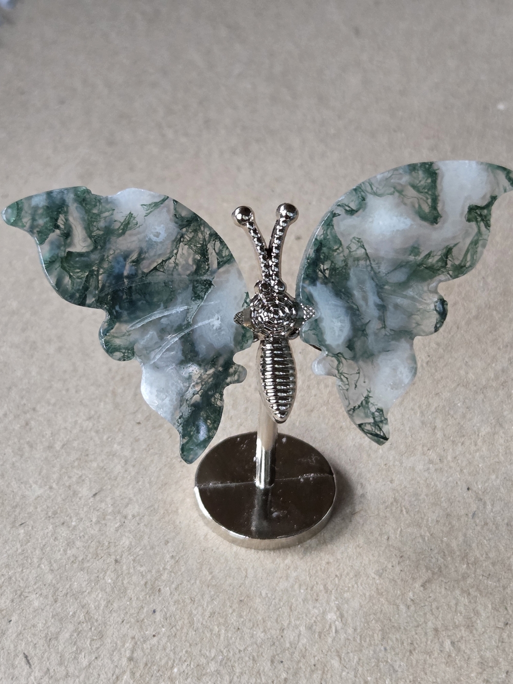 Moss Agate Crystal Butterfly Wings On Metal Body Stand Decor